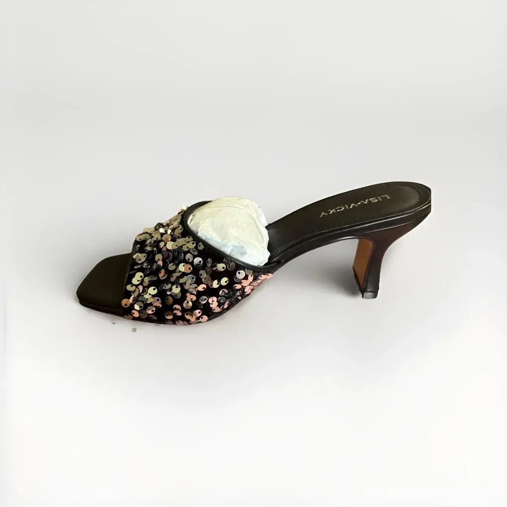 Lisa Vicky Pretty-V Black Slide Sandal Platinum Black Sequins Size 7 Heels - Picture 5 of 9
